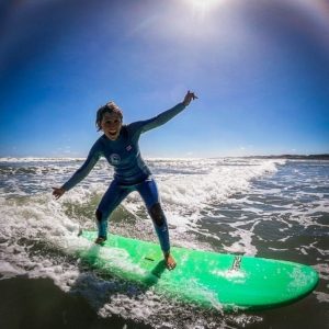 Anne on a surf board